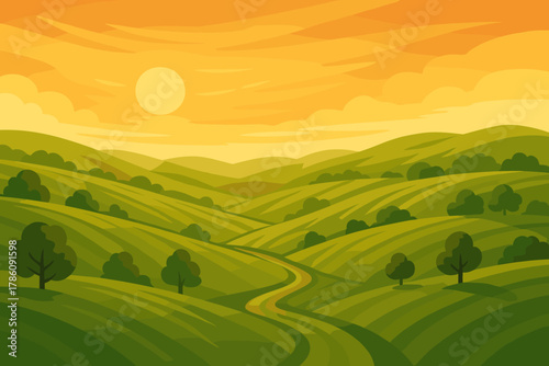 Golden Countryside Sunset. Serene countryside landscape with rolling green hills under a golden sunset, tranquil and peaceful,