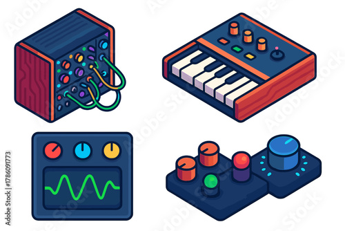 Analog Synthesizer Collection. Isometric vector illustration set Analog Synthesizers: modular rack, keyboard synthesizer, control