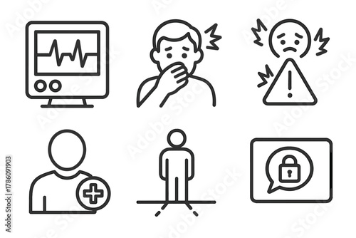 Safety Icons Collection. Line style icons of safety and risk management: vitals monitor, nausea icon, anxiety spike alert, medical