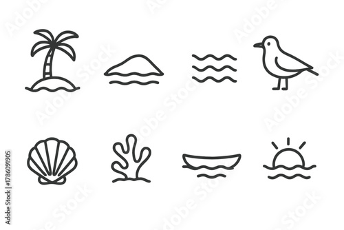 Tropical Sandbar Icons. Line style icons of Tropical Sandbar: Palm Tree, Exposed Land, Tide, Seabird, Shell, Coral Fragment, Small