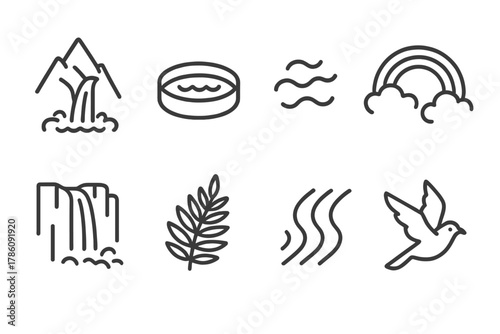 Mountain Waterfall Icons. Line style icons of Mountain Waterfall: Alpine Rock, Plunge Pool, Mist, Rainbow, Cliff Face, Fern,