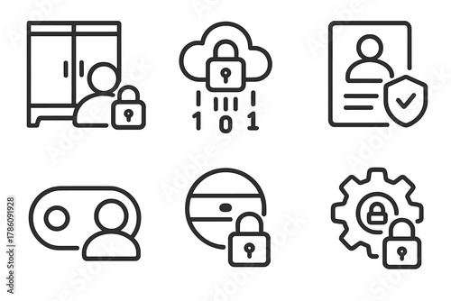 Fashion Data Security. Line style icons of fashion data protection and access: lock on avatar wardrobe, encryption cloud over