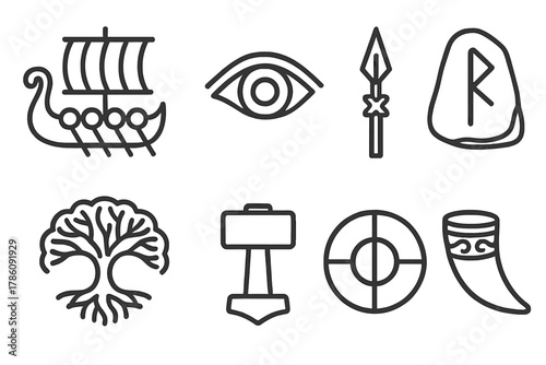 Nordic Myth Icons. Line style icons of Nordic Myth: Longship Flag, Odin’s Eye, Valkyrie Spear, Rune Stone, Yggdrasil Canopy,