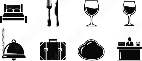 Hospitality icons, travel symbols, hotel services, restaurant tools, bar elements, concierge desk, luggage graphic, cloud service, black white vector