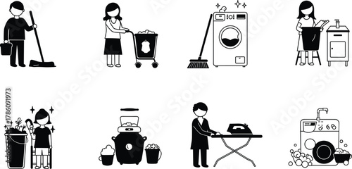 Household chores illustration, cleaning tasks, domestic work, kitchen duties, laundry, garbage disposal, shopping, ironing, cartoon style, black and white