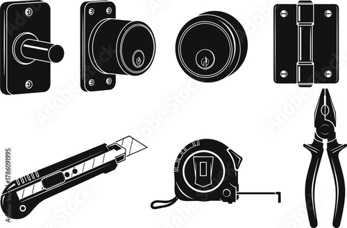 Home repair tool icon set, pliers, cutter knife, measuring tape, door lock, hinge, hardware equipment, black and white vector illustration