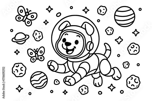 Robot Dog Adventure. Smiling robot dog wearing a helmet chasing space butterflies among asteroids and planets, black and white