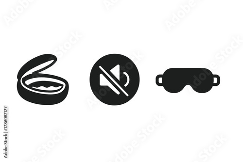Sensory Deprivation Icons. Solid style icons of sensory deprivation tools: float tank icon, zero-sound badge, blackout goggles