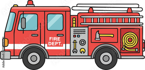 Flat Fire Department Truck Vector – Detailed Emergency Vehicle with Tools and Equipment