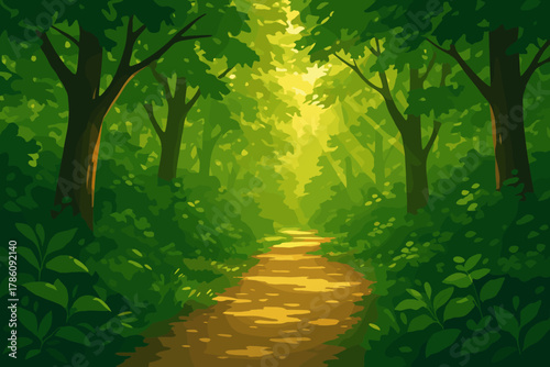 Golden Sunlit Forest. Serene forest pathway glowing under dappled golden vector illustration sunlight, lush green foliage