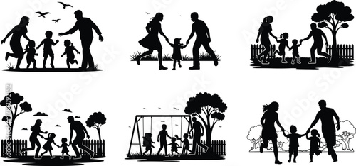 Happy family playing outdoors silhouette, parents and children holding hands, family bonding illustration, parenting love, outdoor activity concept art