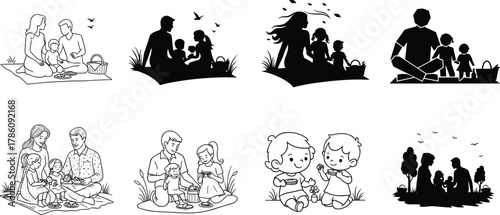 Happy family picnic illustration, parents and kids sitting outdoors, summer leisure, bonding time, outdoor activity, love, happiness, togetherness, relaxation, fun
