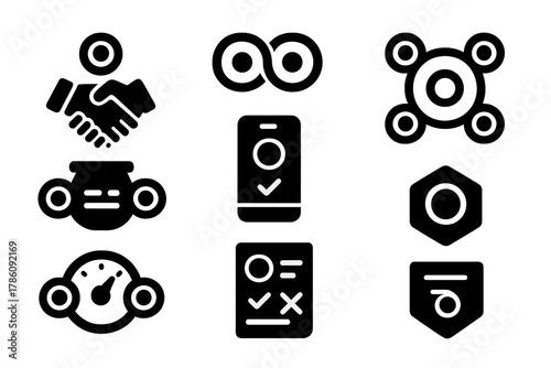 DAO Collaboration Icons. Solid style icons of DAO-to-DAO collaborations: handshake between DAOs, partner DAO ring, multi-DAO