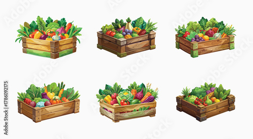 Cartoon wooden crates overflowing with fresh and colorful fruits and vegetables