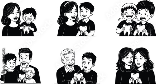 Happy family dental care, kids with teeth illustration, oral health education, tooth care, smiling children, parents teaching hygiene, cartoon concept