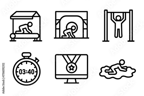 OCR Virtual Event Icons. Line style icons of OCR virtual events: treadmill crawl symbol, backyard obstacle loop, indoor pull-up
