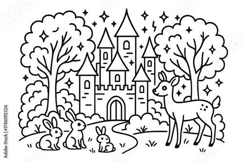 Fairy Forest Castle. Whimsical fairy castle hidden in the trees with sparkling stars, rabbits, and deer nearby, black and white