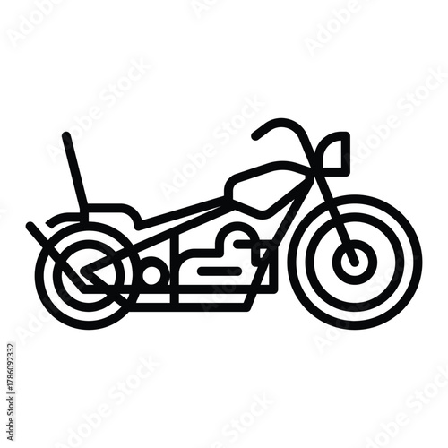 A black and white line drawing of a motorcycle in profile highlighting its frame wheels and handlebars