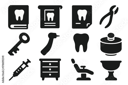 Dental Heritage Icons. Solid style icons of Dental Heritage: Old Book, Chart, Drawing, Forceps, Key, Drill, Tooth, Powder Box,