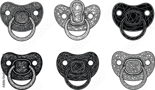 Hand drawn baby pacifier set, abstract line art pacifiers collection, black and white newborn nipple illustration, modern baby accessory design, vector sketch style