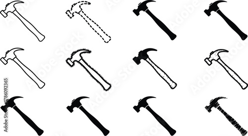 Hammer illustration set, black silhouette, line art, sketch style, crosshatch, dashed outline, construction tool, graphic design element