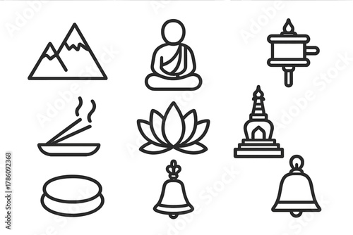 Sacred Mountain Icons. Line style icons of Sacred Mountains: Mountain Peak, Monk, Prayer Wheel, Incense, Lotus Flower, Stupa,