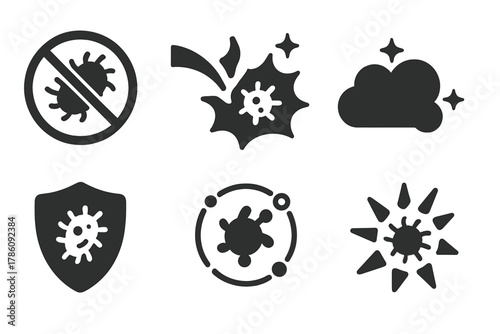 Antimicrobial Icons. Solid style icons of antimicrobial plasma effects: bacteria with crossed-out icon, pathogen explosion under