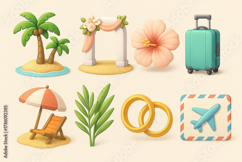 3D Tropical Wedding Essentials Icons Set — Beach, Palms, Flowers, and Travel Elements