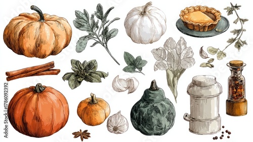 Fototapeta Naklejka Na Ścianę i Meble -  Autumn harvest food ingredients and spices drawing