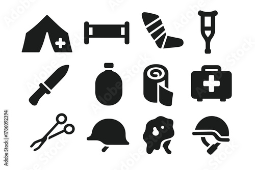 Battlefield Surgery Tools. Solid style icons of Battlefield Surgery: Tent, Stretcher, Bandaged Limb, Wooden Crutch, Field Knife,
