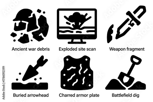 Disaster Archaeology Icons. Line style icons of Disaster Archaeology: ancient war debris, exploded site scan, weapon fragment,