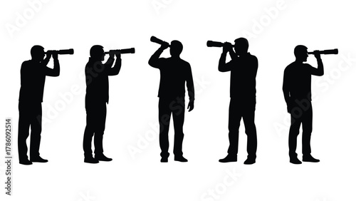 Men looking through telescopes silhouette isolated on white background, Vector