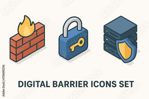 Digital Barrier Icons Set — Isometric Firewall, Encryption, and Secure Server Protection Design