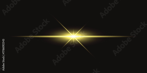 Radiant gold laser beam with neon light streak and isolated flashe. Bright gold light streak & starburst 