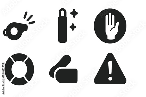 Snorkel Safety Icons. Solid style icons of snorkel safety signals: whistle glyph, glow stick icon, help badge. Emergency ring,