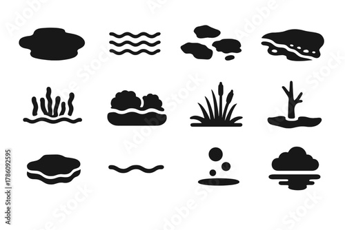 Thaw Lakes Icons. Solid style icons of Thaw Lakes: Thermokarst Lake, Water Ripples, Floating Ice, Muddy Shore, Algae Growth, Shrub