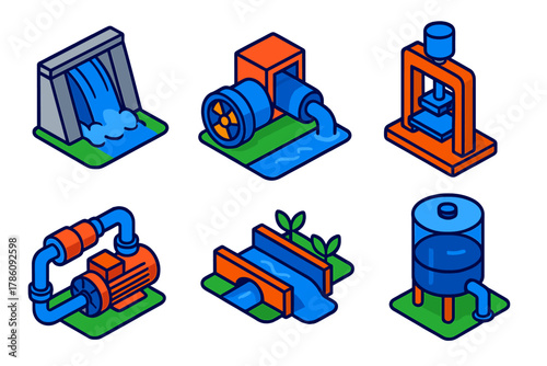 Hydraulic Applications Icons. Isometric vector illustration set Hydraulic Applications: dam water release, hydroelectric turbine,