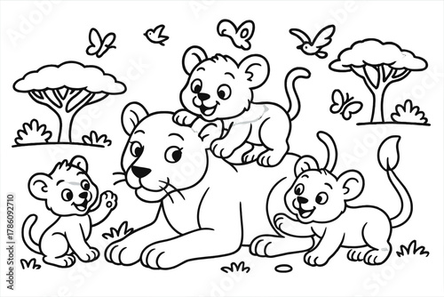 Lion Cubs Playtime. Playful lion cubs climbing on their mother lioness with acacia trees, butterflies, and birds around, black and