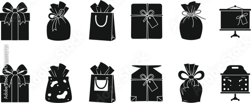 Gift packaging icons, black silhouette style, present boxes, drawstring bags, shopping bags, festive wrapping, vector design, retail, celebration, holiday