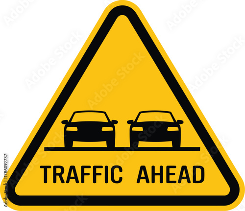 Traffic ahead warning sign yellow triangle road safety car caution symbol