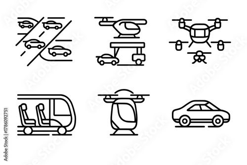 Flying Taxi Concepts. Line style icons of flying taxi future concepts: sky highway lanes, modular taxi docking, swarm drone