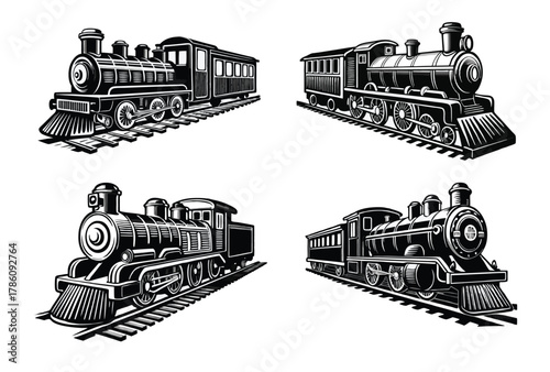 Four Vintage Steam Train Engines on Tracks in Black and White Style