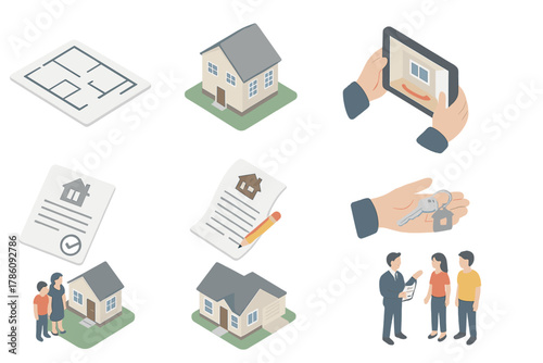 Real Estate Essentials. Isometric vector illustration set of Real Estate: floor plan sheet, 3D building model, virtual house tour.
