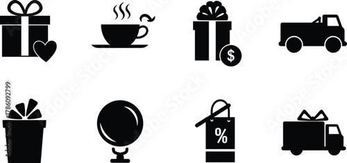 Gift box, delivery truck, coffee cup, discount shopping bag, and holiday celebration icon collection for business and festive design