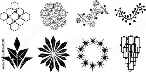 Geometric abstract chandelier vector set, modern polygonal light designs, decorative lamp silhouettes, artistic ceiling lighting illustration, interior decor concept art