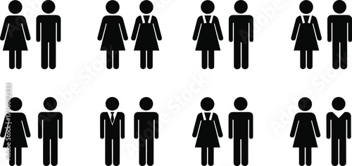 Gender pair icons, human silhouette symbols, diverse attire figures, social role representation, signage elements, black white people illustration, grid layout
