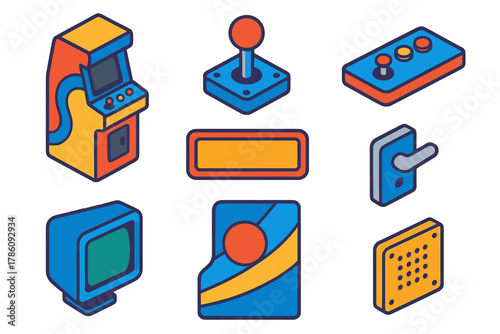 Retro Arcade Electronics. Isometric vector illustration set Retro electronics – arcade cabinet, joystick control, button panel;