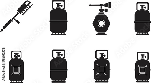 Gas cylinder silhouette collection, propane tank and burner icons, LPG container design, industrial equipment vector illustration for energy and fuel safety