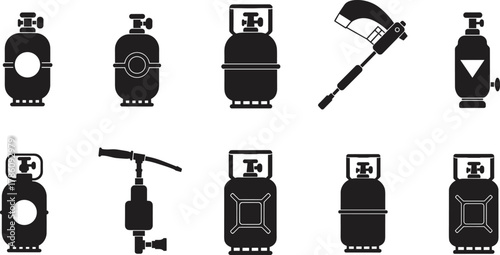 Gas cylinder icon collection, propane tank and torch silhouette, industrial fuel equipment, LPG storage vector illustration for energy and safety use