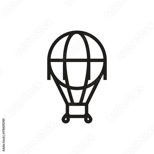A blackline drawing of a hot air balloon showing the round balloon section supporting structure and basket
